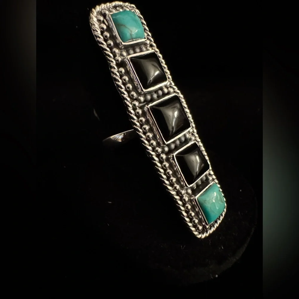 Sterling Silver and genuine, turquoise and Black onyx stones‎ Women's Ring